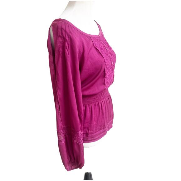 Bebe Y2K Peplum Top Satin Long Sleeve Size XS Fuschia Pink Slit Shoulder Lace - Picture 4 of 11